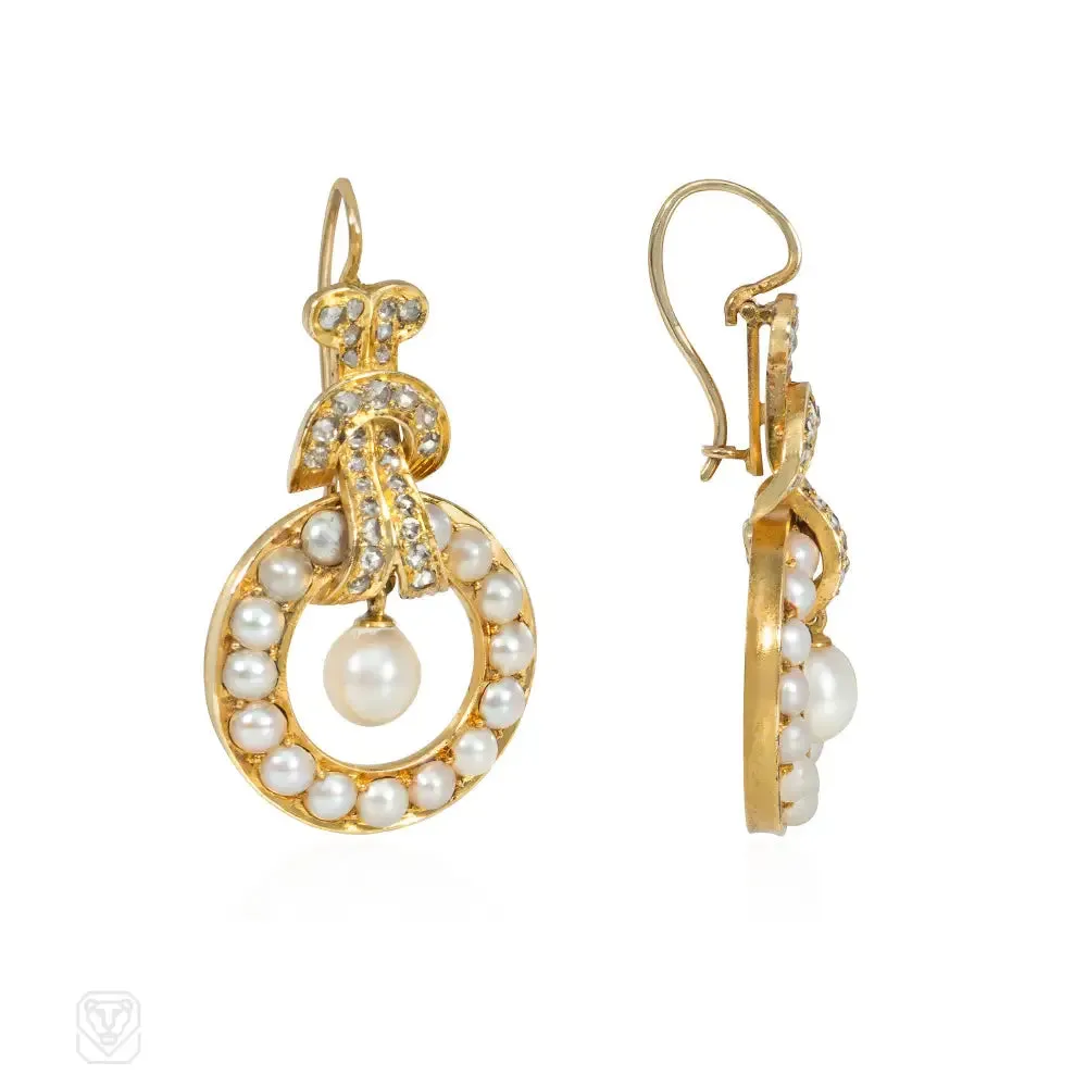 Antique circular pearl and diamond pendant earrings