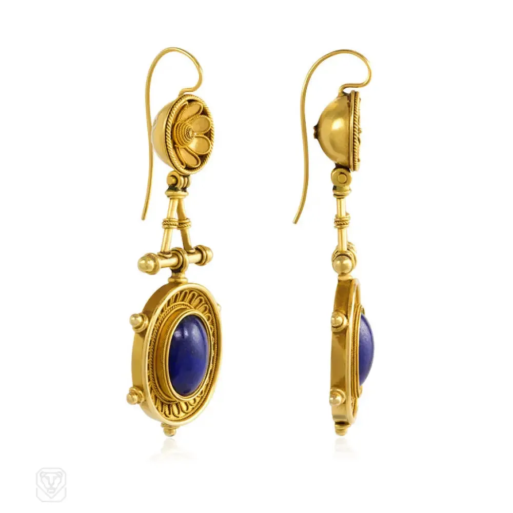 Antique Etruscan style lapis earrings.