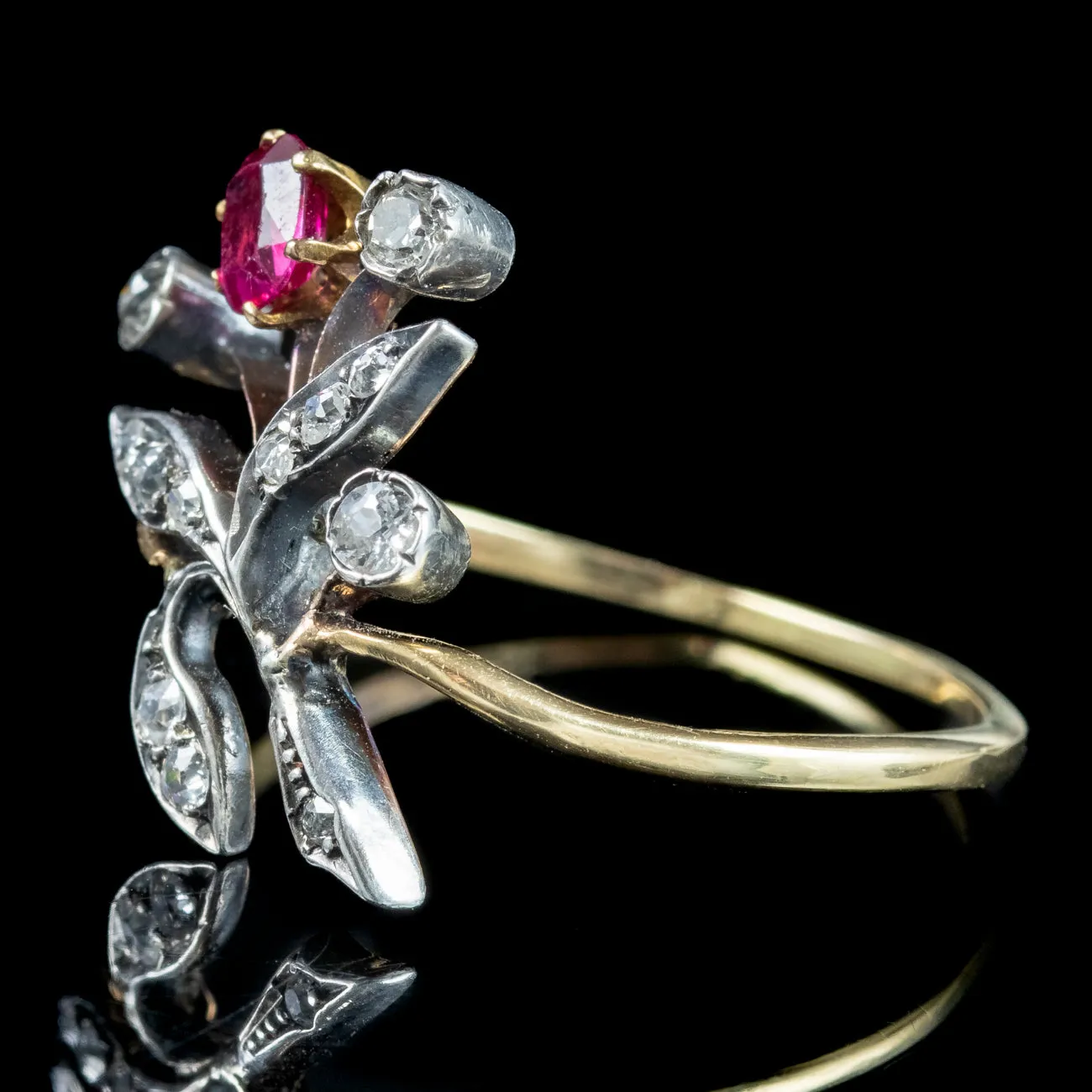 Antique Victorian Ruby Diamond Spray Flower Ring 0.30ct Ruby