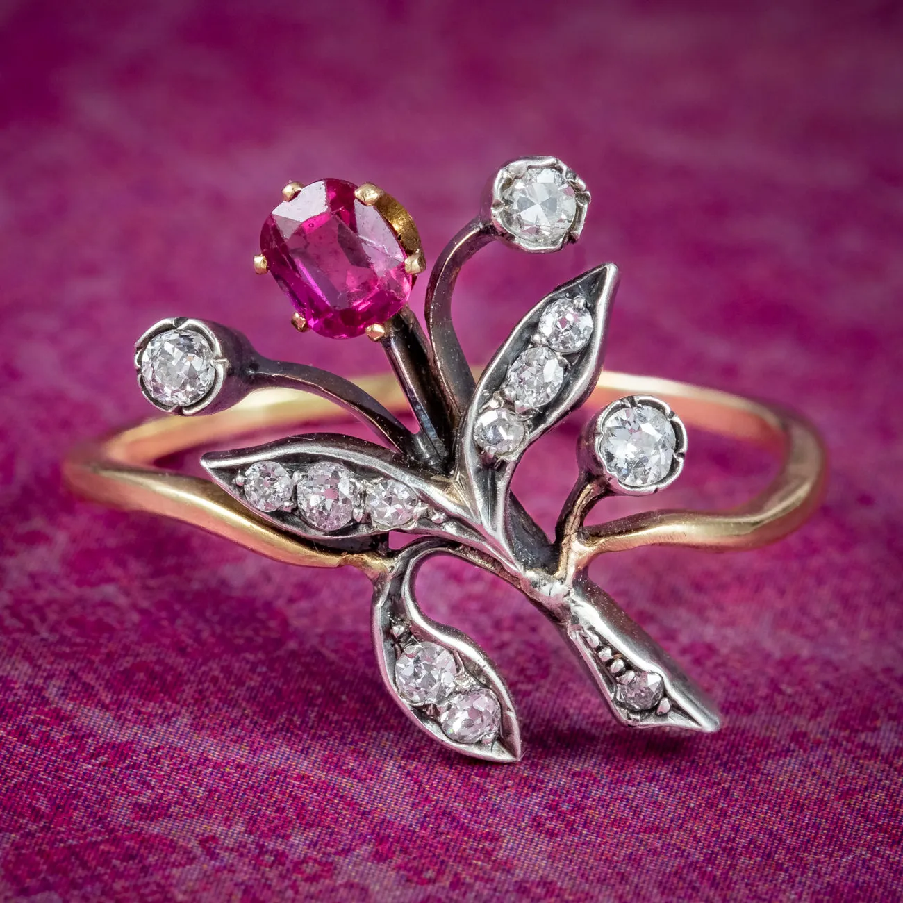 Antique Victorian Ruby Diamond Spray Flower Ring 0.30ct Ruby