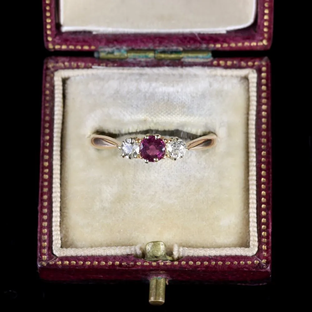 Antique Victorian Ruby Diamond Trilogy Ring 18Ct Gold