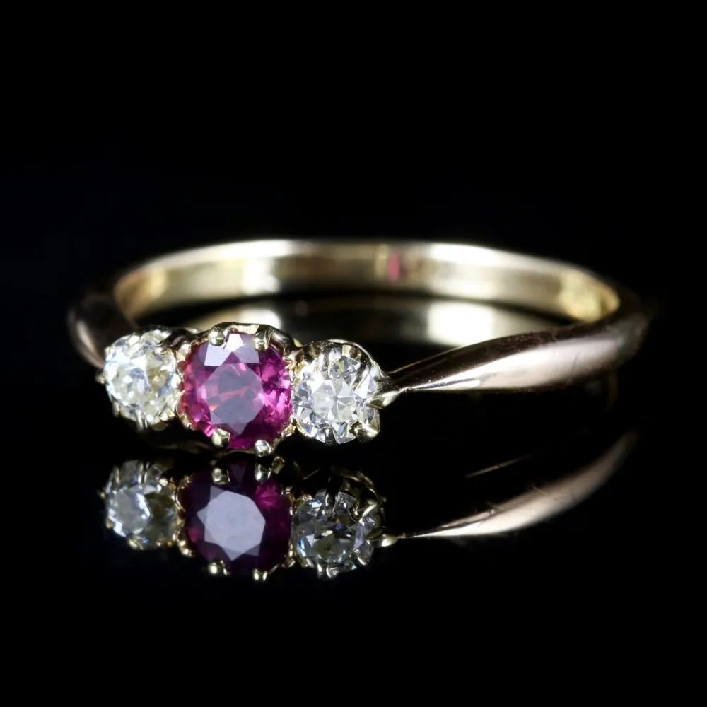 Antique Victorian Ruby Diamond Trilogy Ring 18Ct Gold