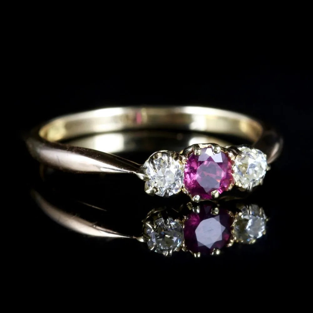 Antique Victorian Ruby Diamond Trilogy Ring 18Ct Gold