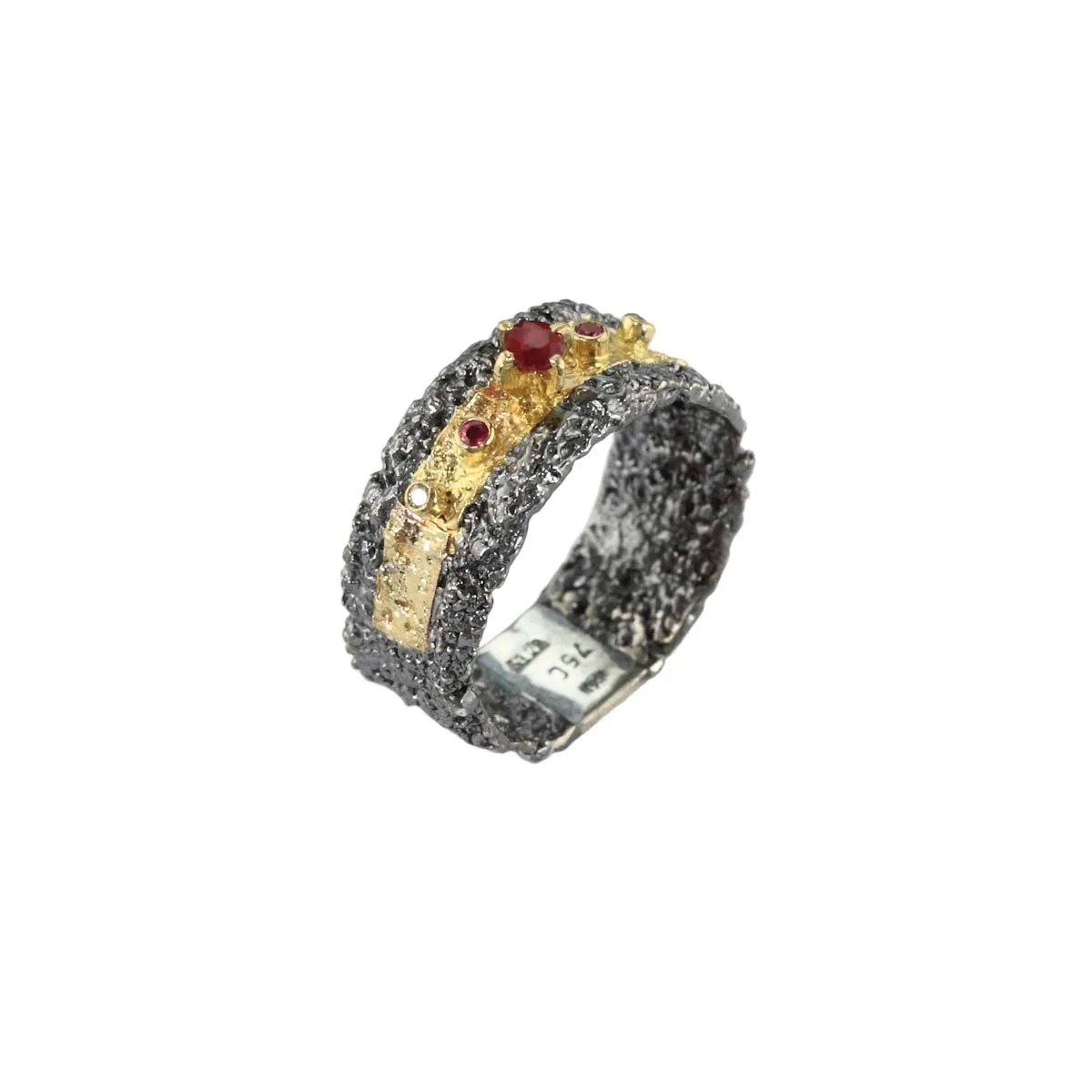 Apostolos Oxidized Silver Ring  with 18K Gold and Three Round Rubies