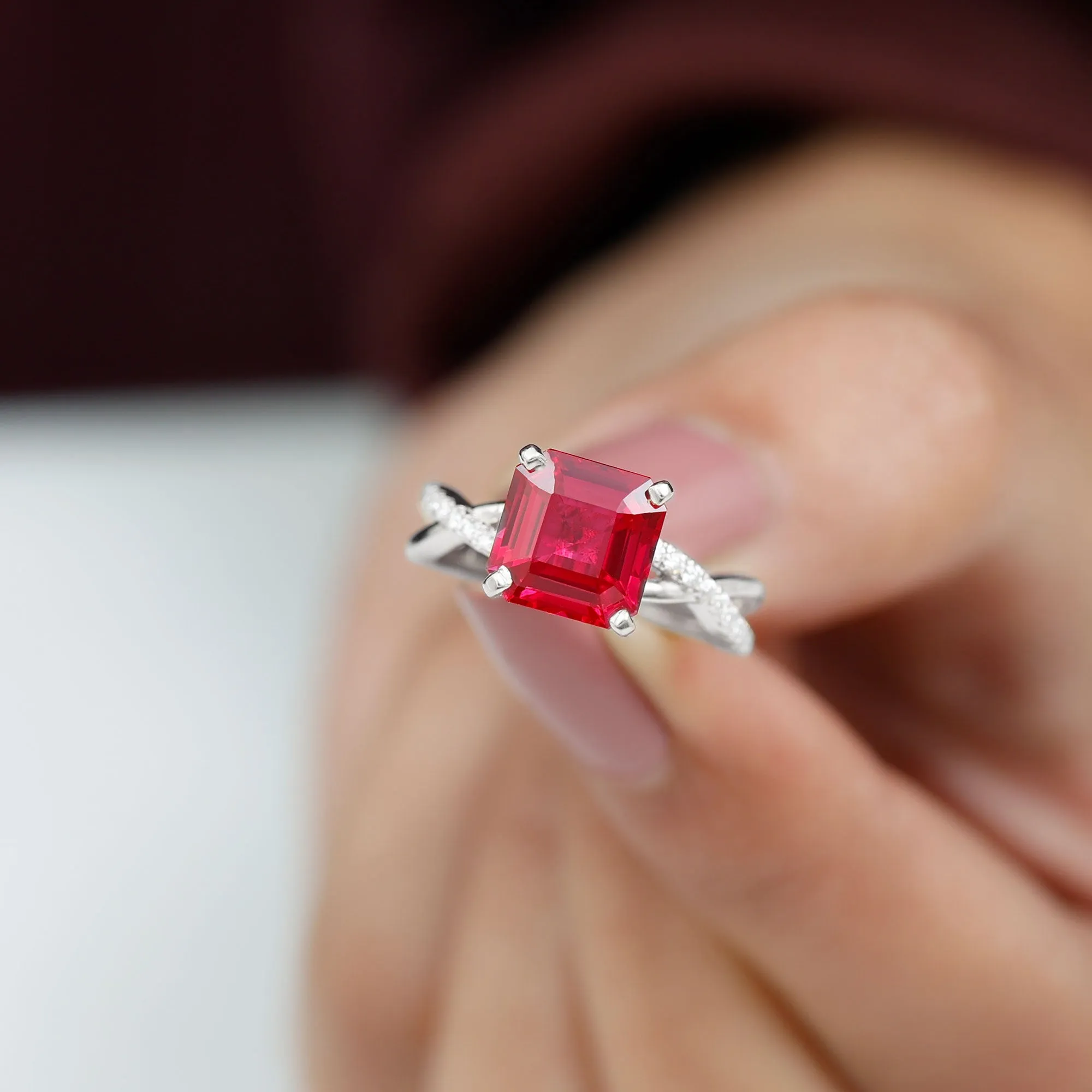 Asscher Cut Lab Grown Ruby Solitaire Ring with Diamond Infinity Shank