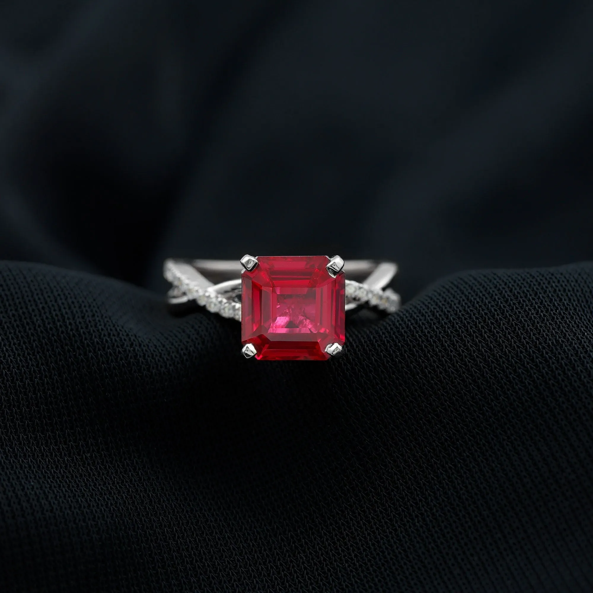 Asscher Cut Lab Grown Ruby Solitaire Ring with Diamond Infinity Shank