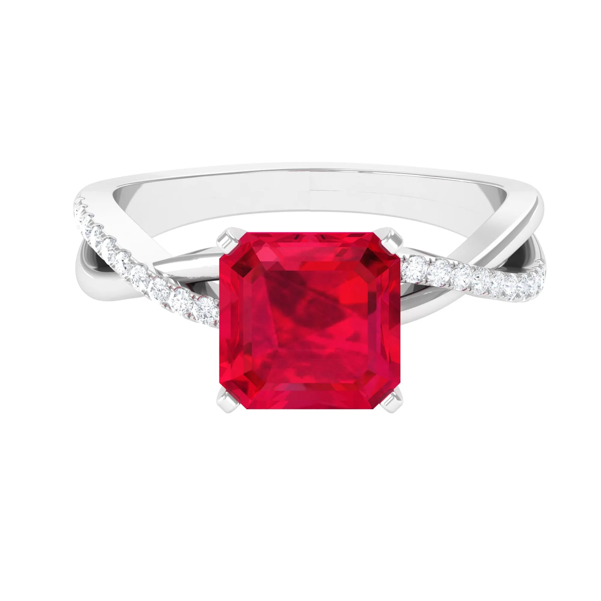 Asscher Cut Lab Grown Ruby Solitaire Ring with Diamond Infinity Shank