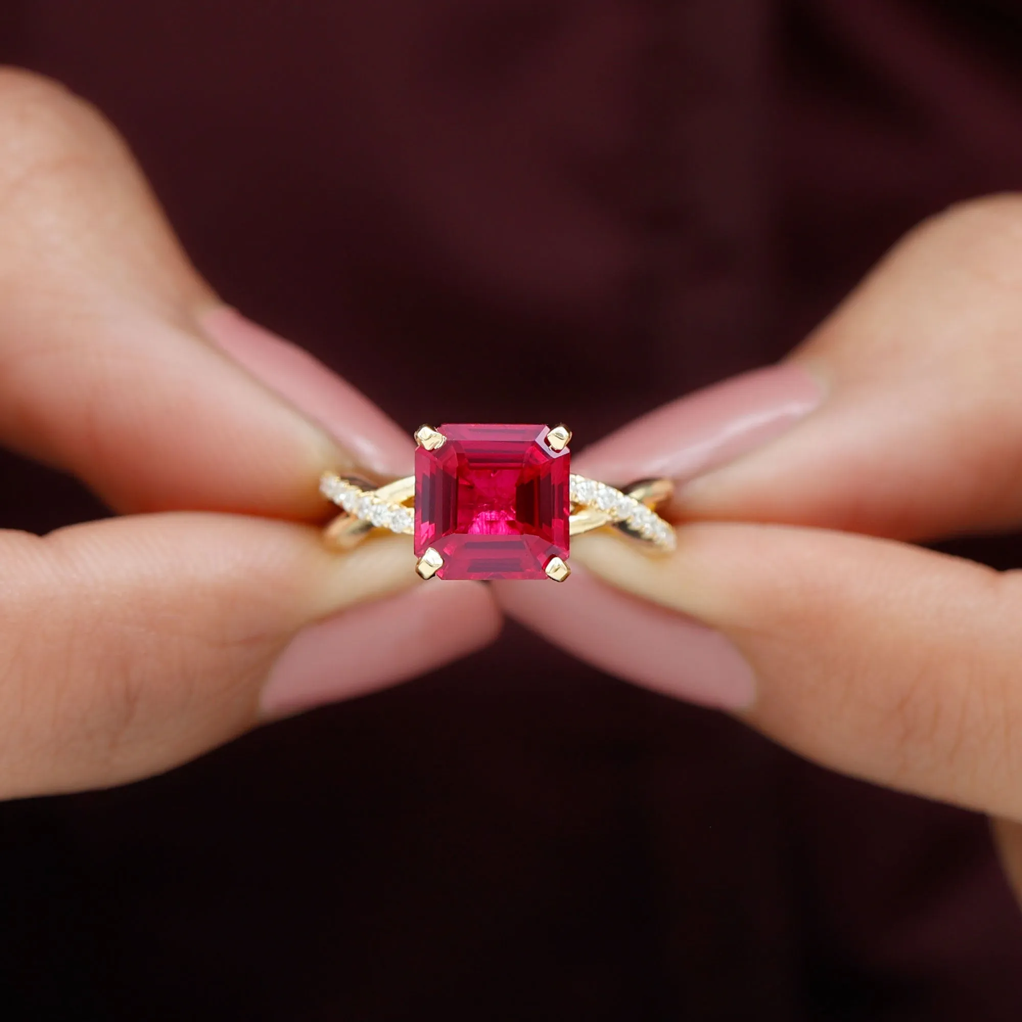 Asscher Cut Lab Grown Ruby Solitaire Ring with Diamond Infinity Shank