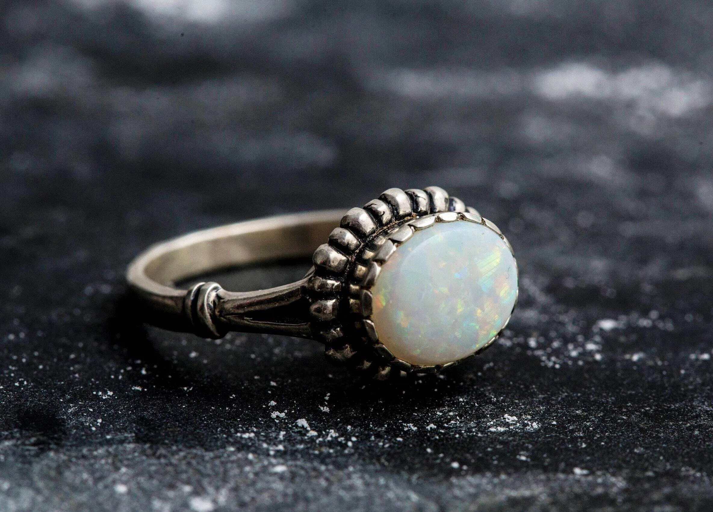 Australian Opal Ring - White Oval Ring - Vintage Flower Ring