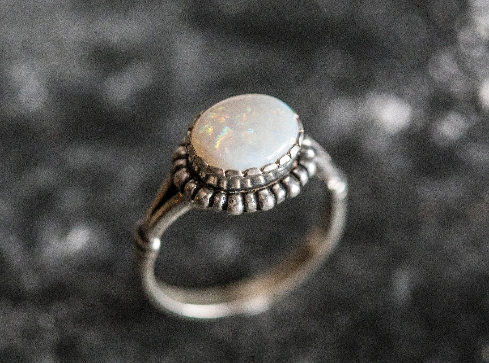 Australian Opal Ring - White Oval Ring - Vintage Flower Ring