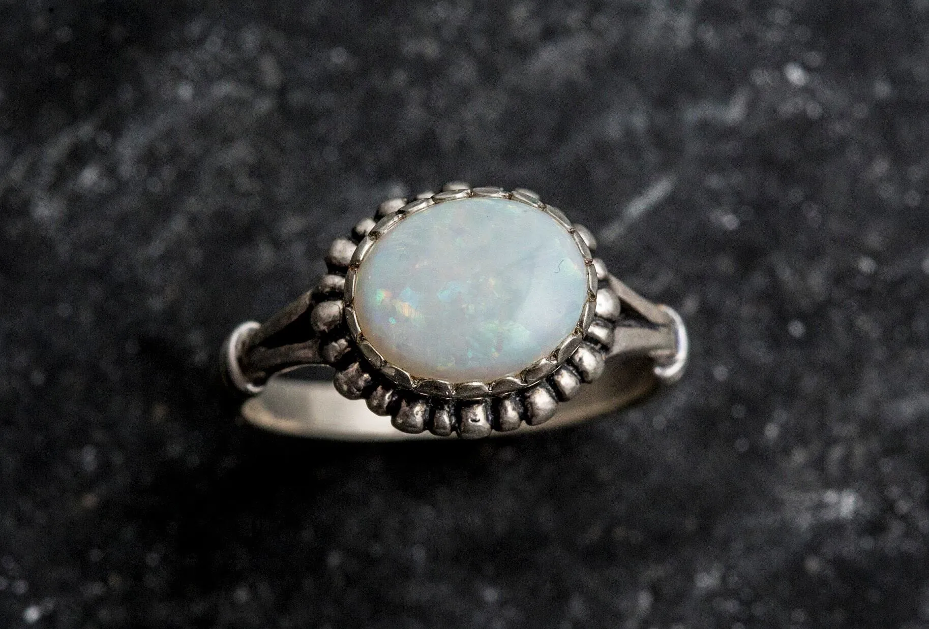 Australian Opal Ring - White Oval Ring - Vintage Flower Ring