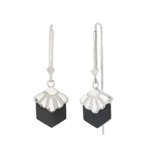 BIG DECO DAISY - PULL THROUGH EARRINGS - BLACK ONYX - SILVER