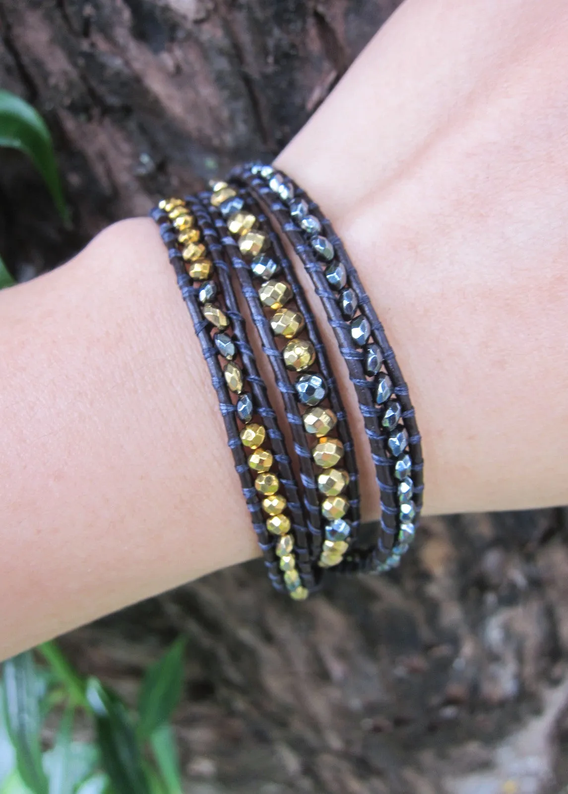 Black Gold Hematite Minimalist 3X Wrap Bracelet