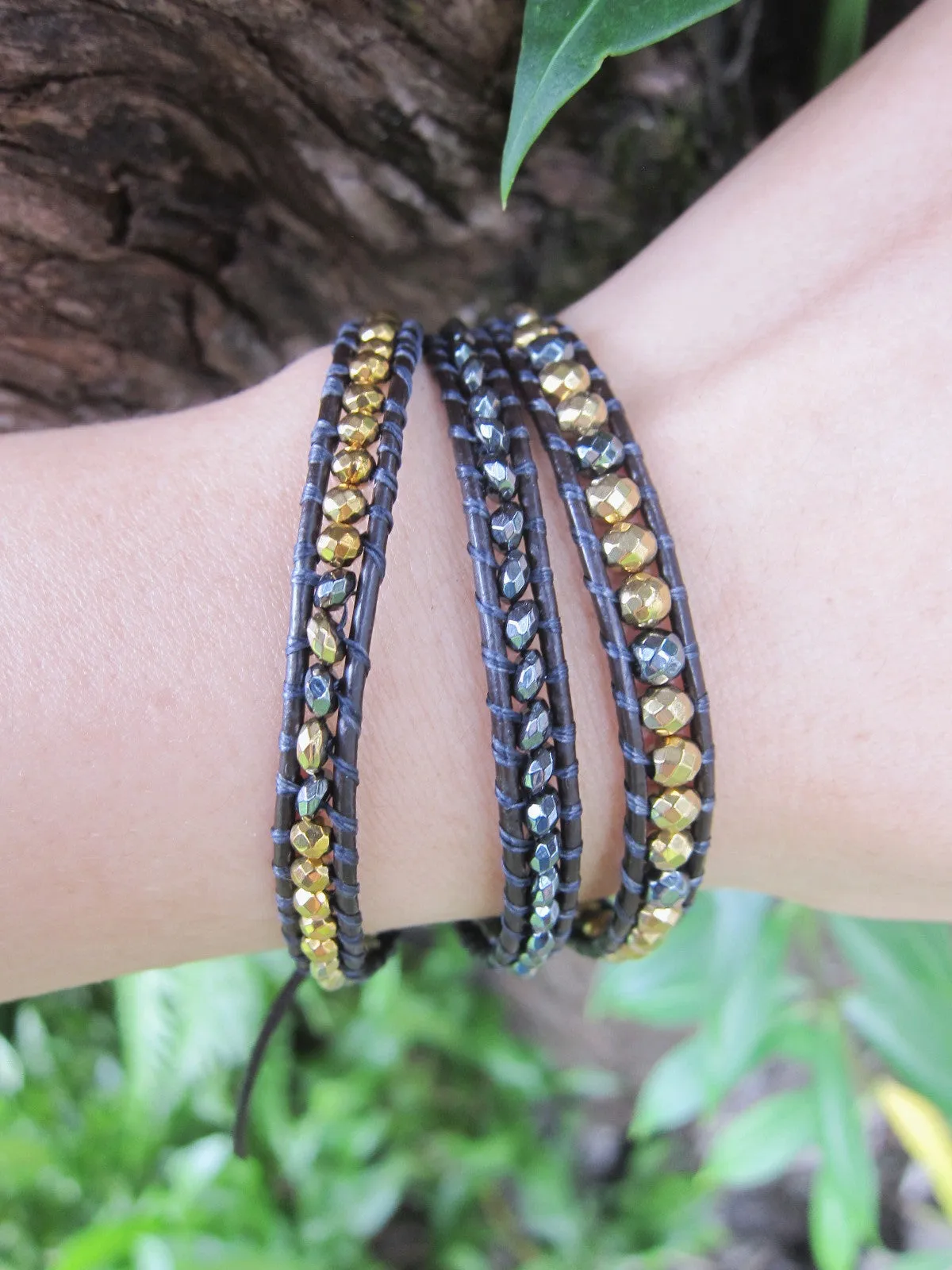 Black Gold Hematite Minimalist 3X Wrap Bracelet