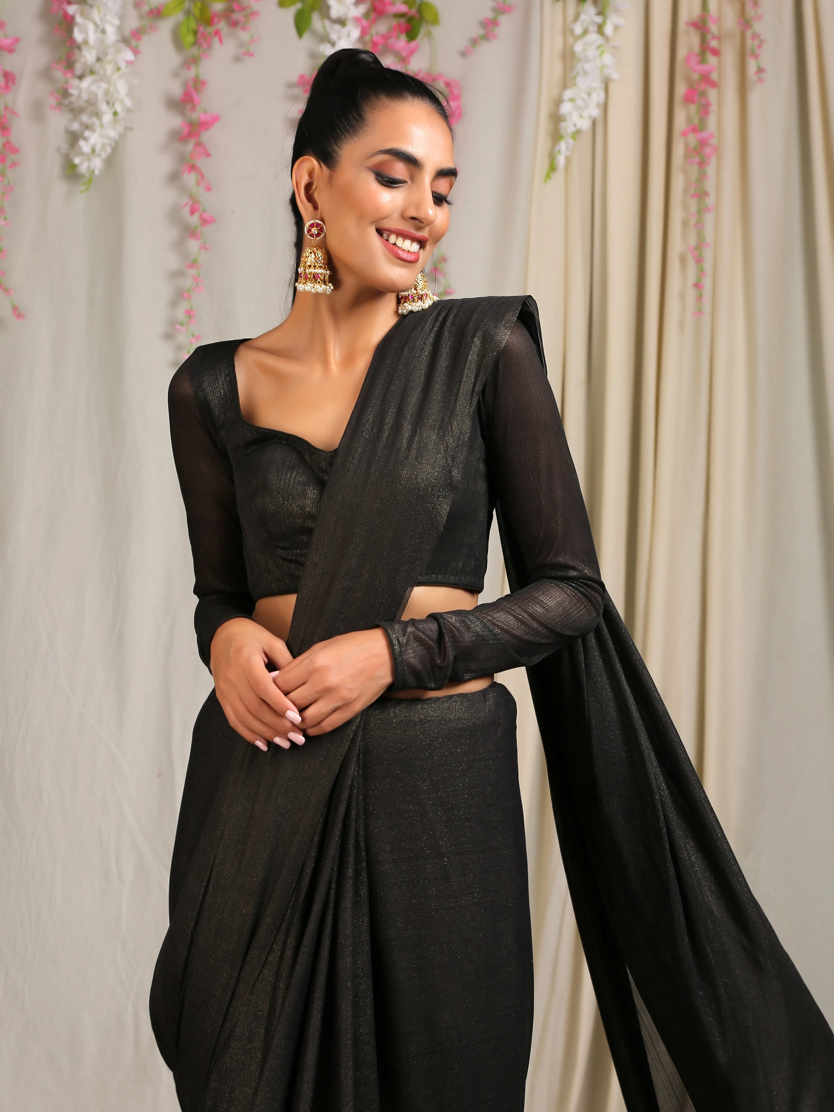 Black Gold Saree with Gold Pendants