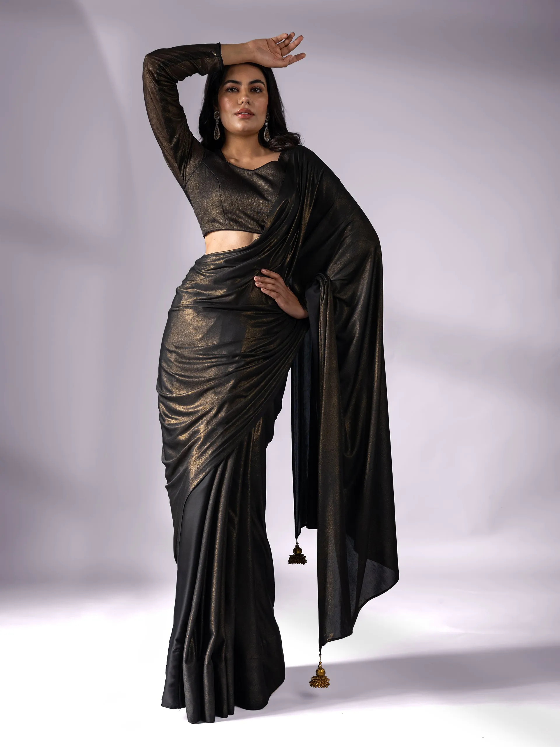 Black Gold Saree with Gold Pendants