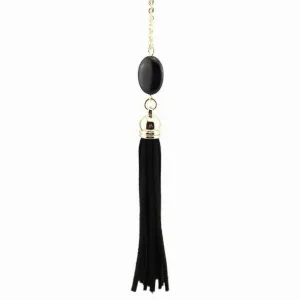 Black Natural Stone and Tassel Long Necklace