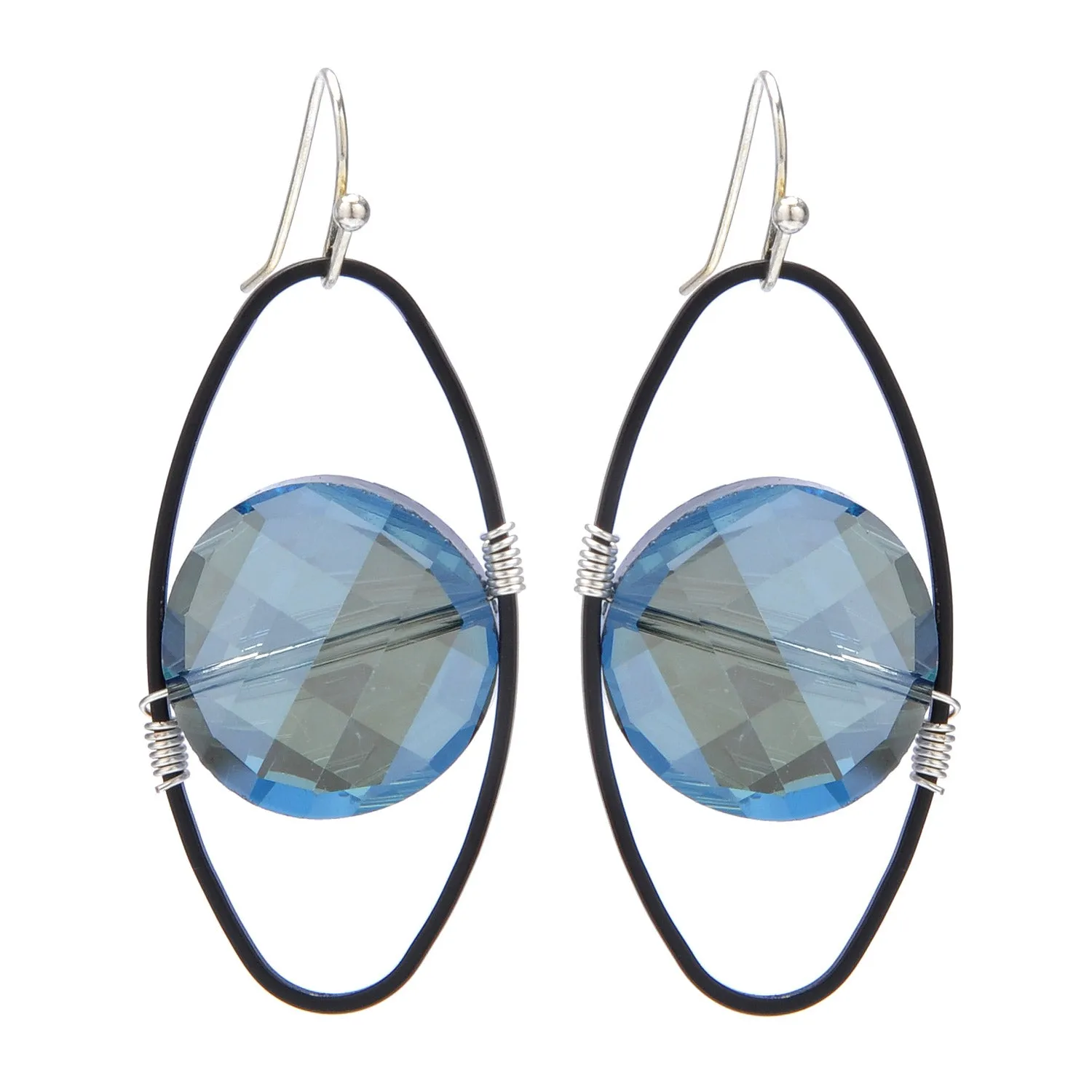 Blue Crystal Oval On Matte Black Earrings