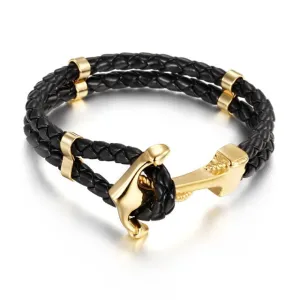 Braided Leather Gold Plated Stainless Steel Anchor Bracelet