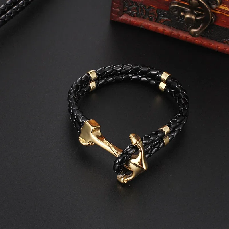 Braided Leather Gold Plated Stainless Steel Anchor Bracelet