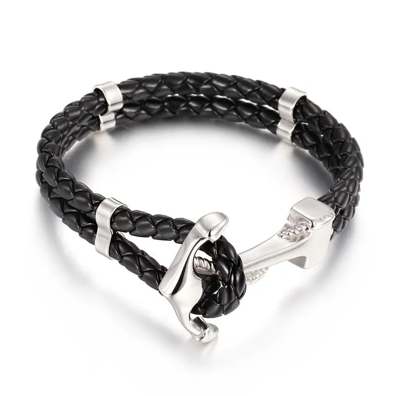 Braided Leather Gold Plated Stainless Steel Anchor Bracelet