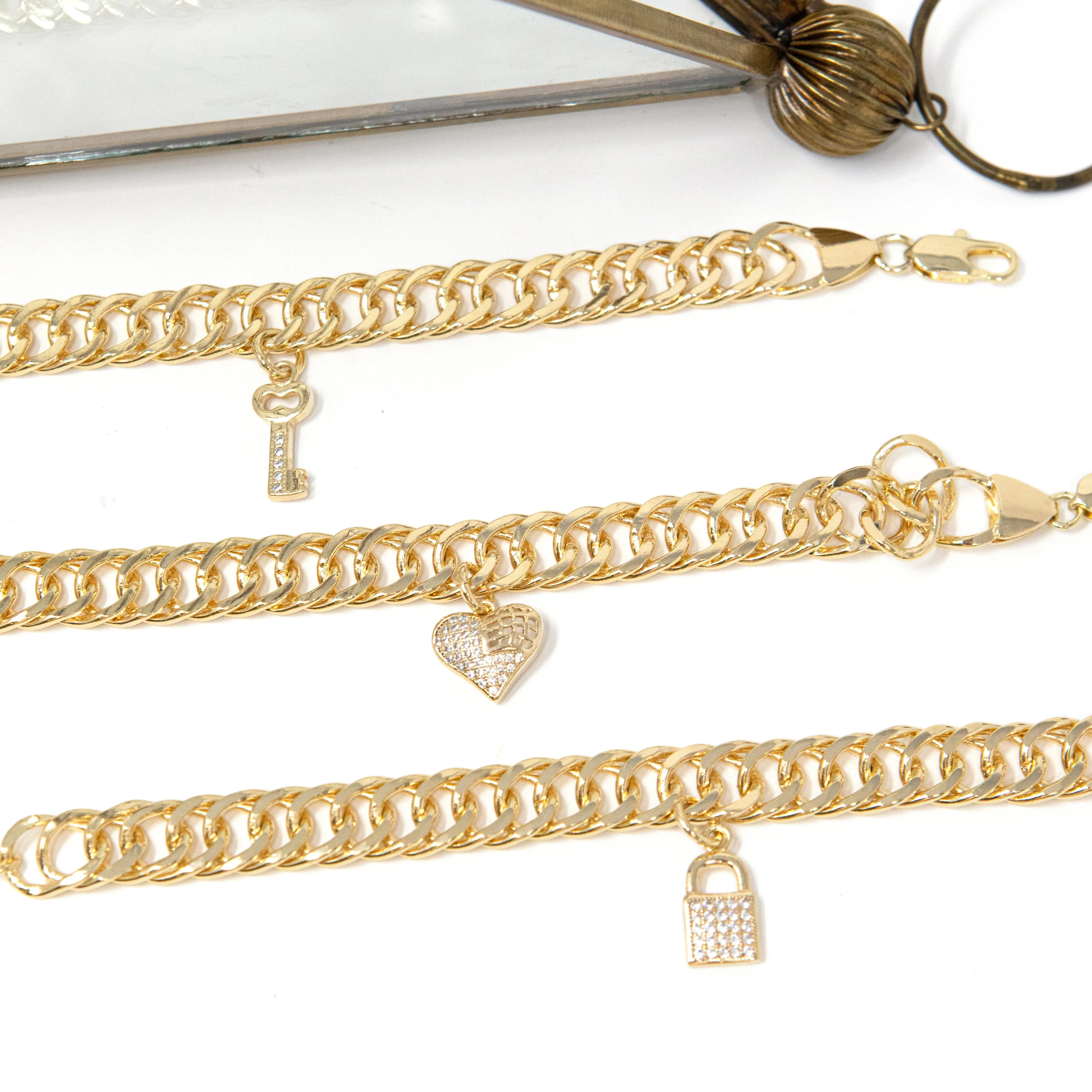 Chain Link and Crystal Lock Key Heart Bracelets/Necklaces