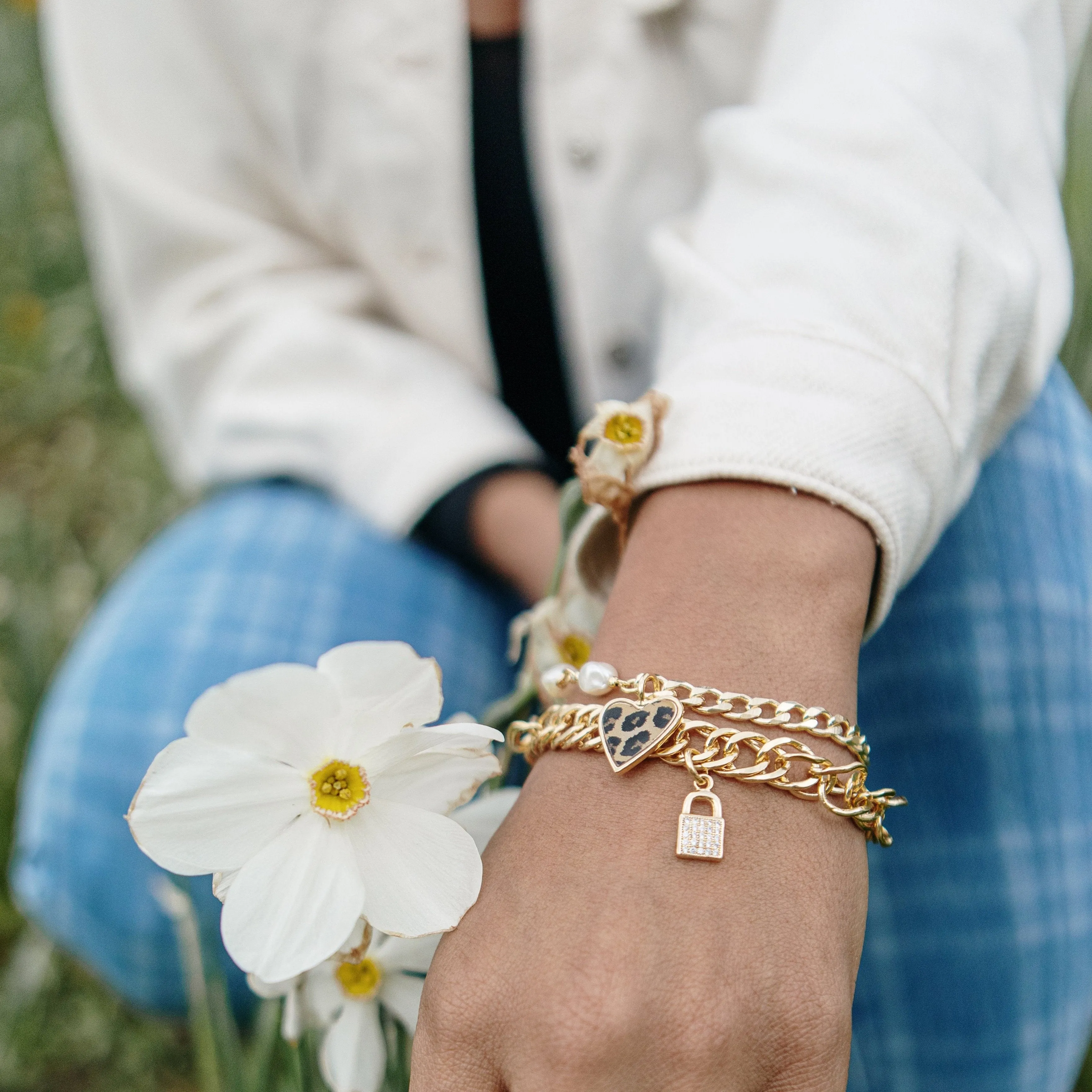 Chain Link and Crystal Lock Key Heart Bracelets/Necklaces