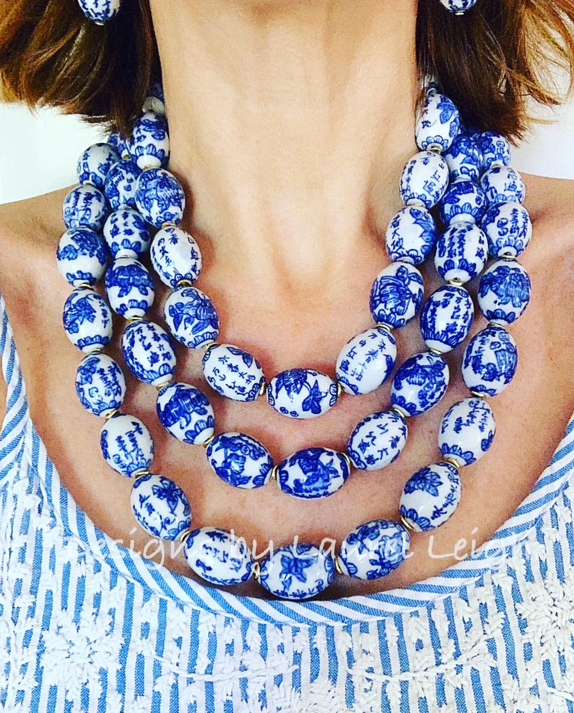 Chinoiserie Blue & White Oval Bead Necklace