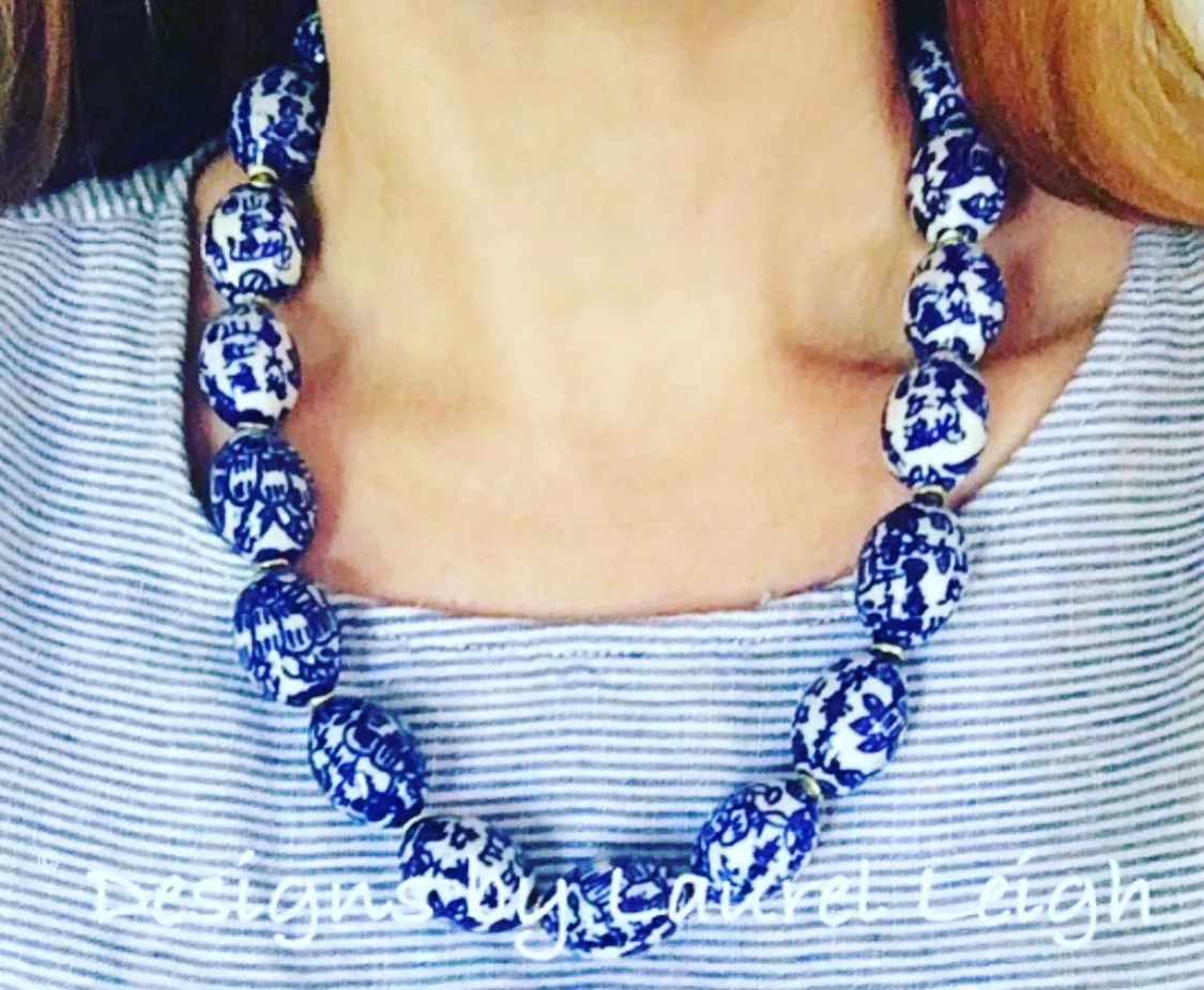 Chinoiserie Blue & White Oval Bead Necklace