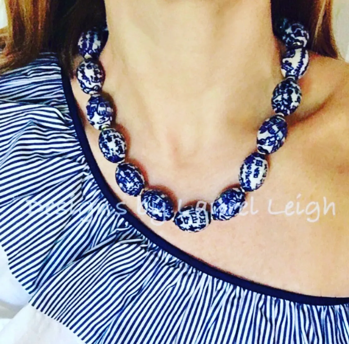 Chinoiserie Blue & White Oval Bead Necklace