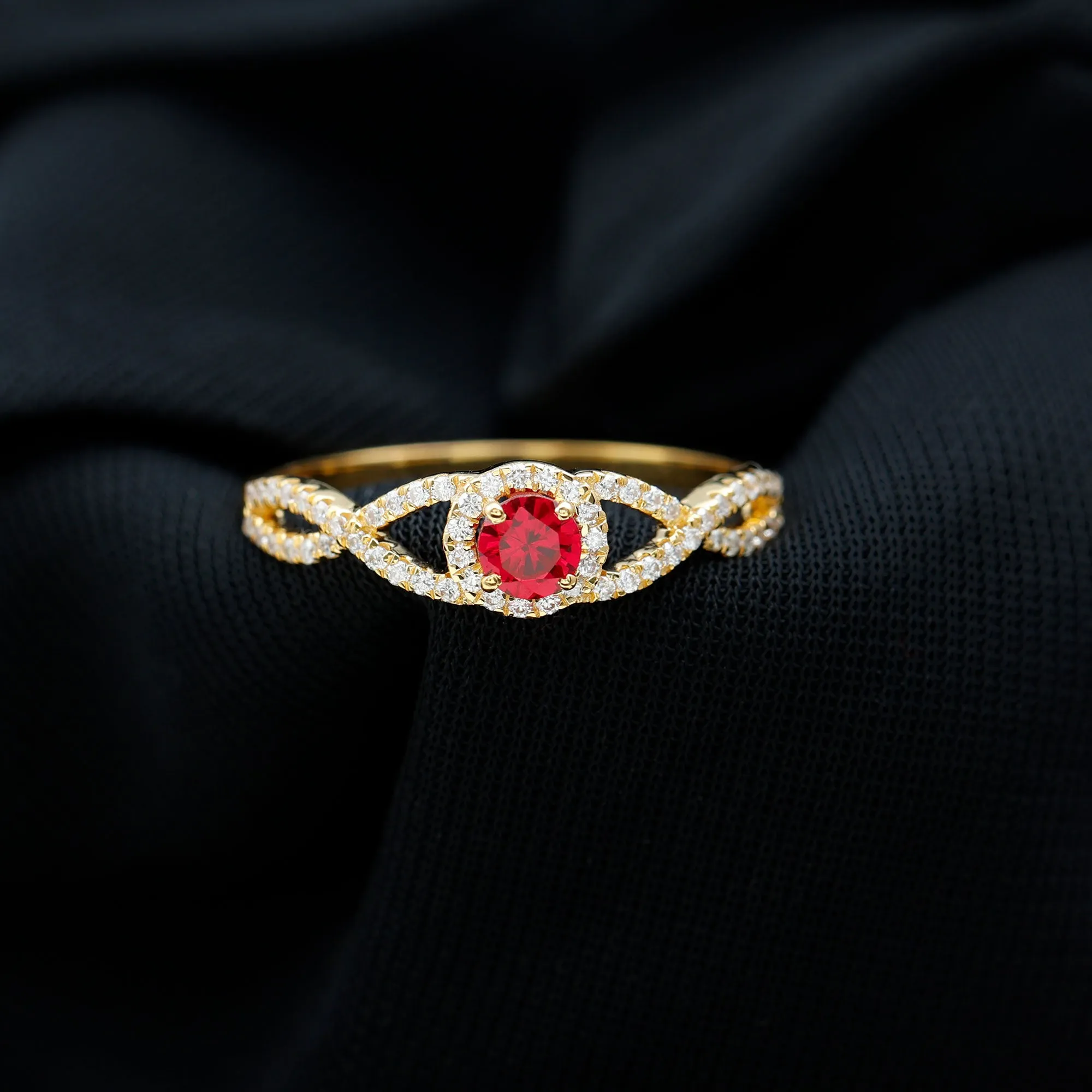 Criss Cross Shank Created Ruby and Diamond Halo Engagement Ring