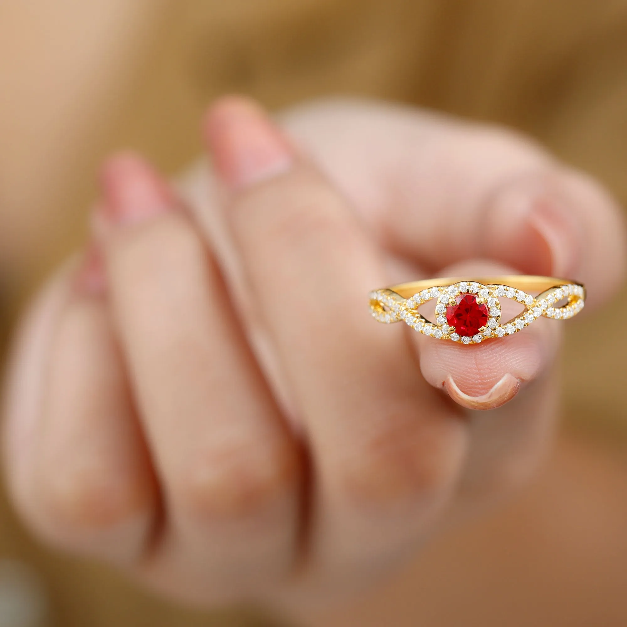 Criss Cross Shank Created Ruby and Diamond Halo Engagement Ring