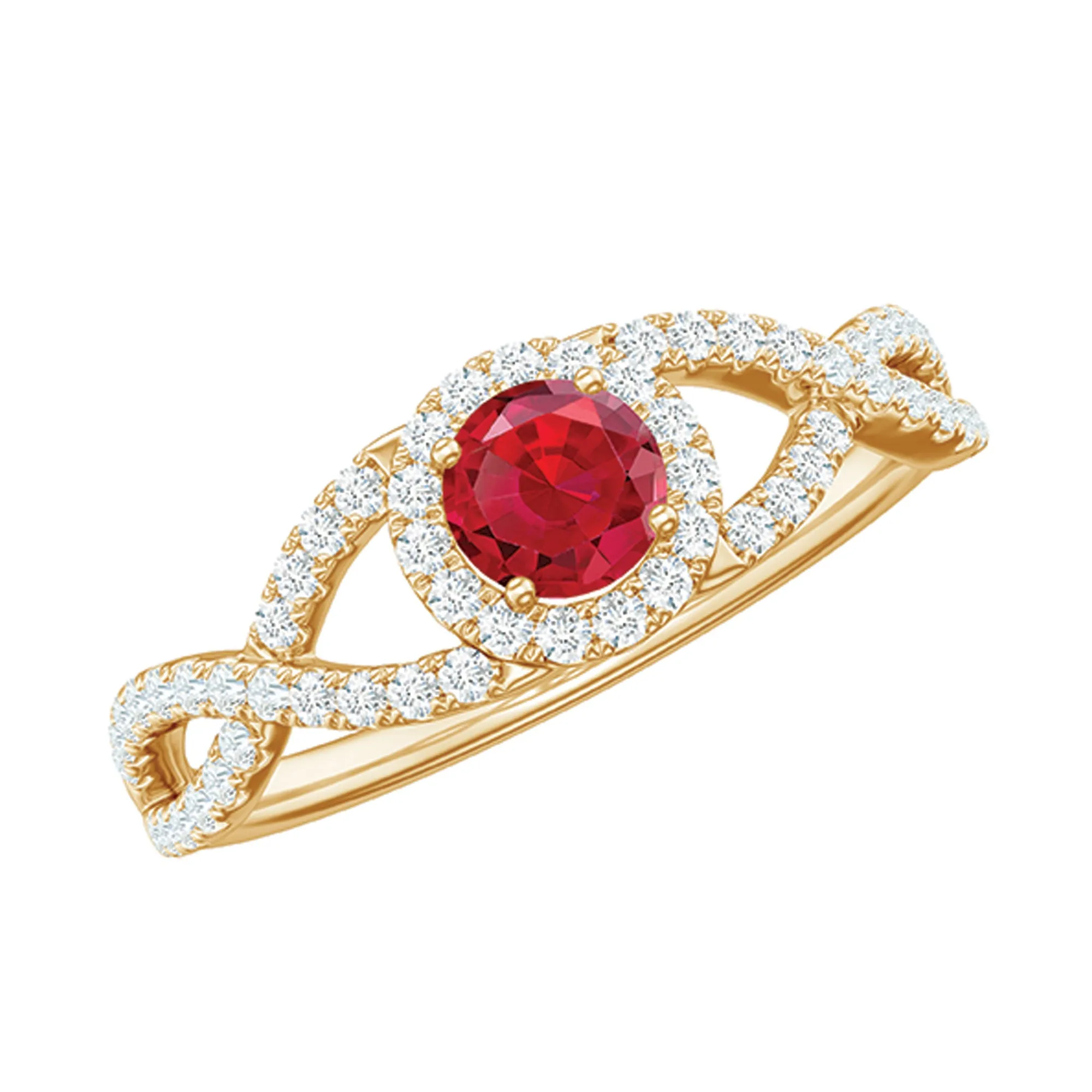 Criss Cross Shank Created Ruby and Diamond Halo Engagement Ring