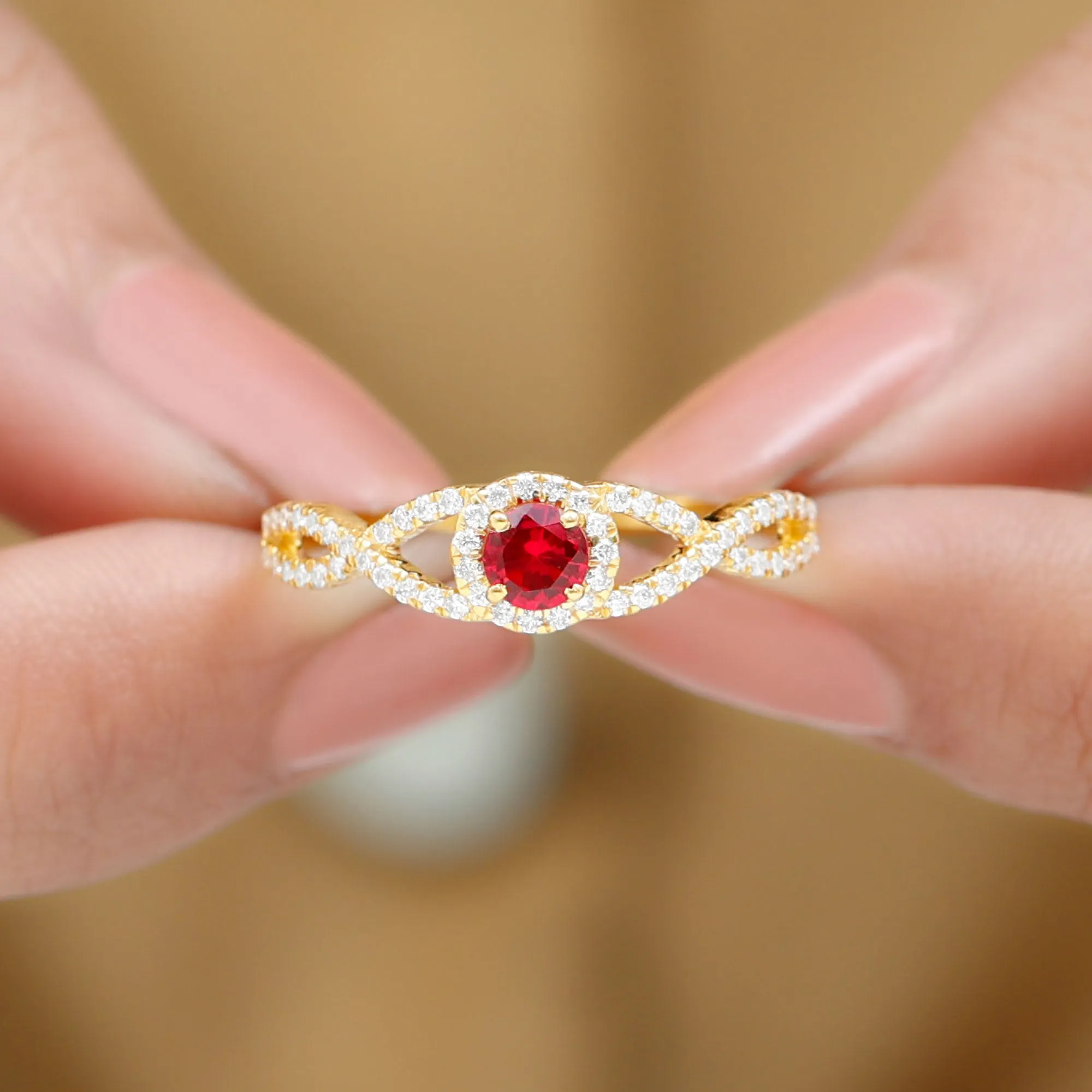 Criss Cross Shank Created Ruby and Diamond Halo Engagement Ring