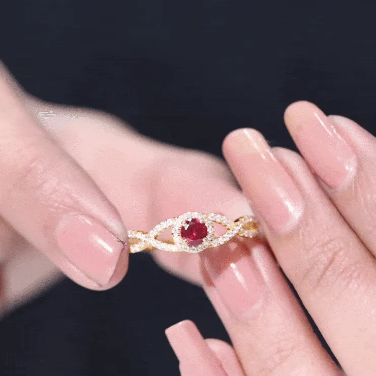 Criss Cross Shank Created Ruby and Diamond Halo Engagement Ring