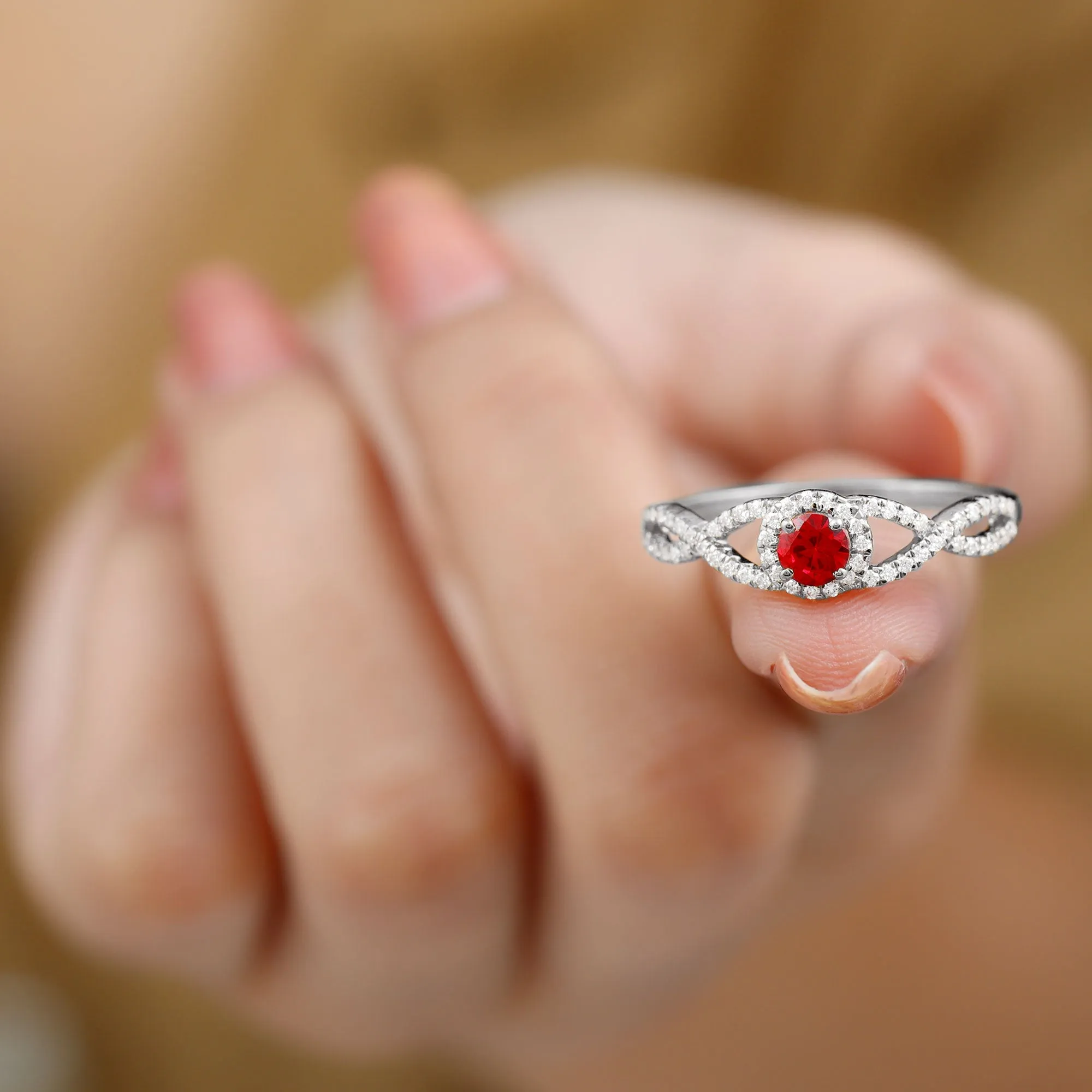 Criss Cross Shank Created Ruby and Diamond Halo Engagement Ring