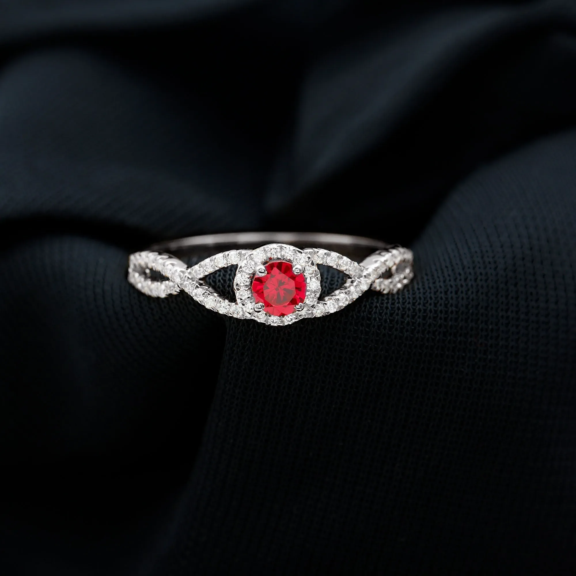 Criss Cross Shank Created Ruby and Diamond Halo Engagement Ring