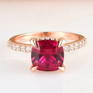 Cushion Hidden Halo Ruby Ring- 14K Rose Gold Vermeil