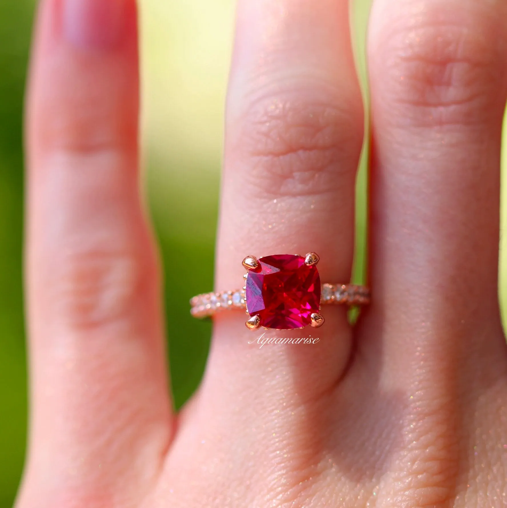 Cushion Hidden Halo Ruby Ring- 14K Rose Gold Vermeil