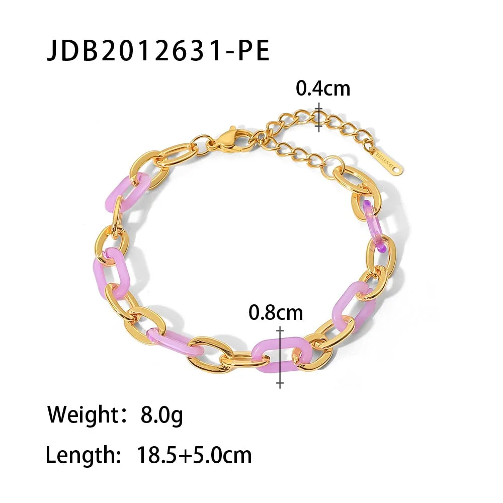 Dainty 18K Gold Plated Stainless Steel Charm Jewelry Gift Rectangle Chain Resin Colorful Bracelet for Women