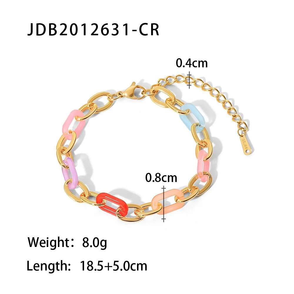 Dainty 18K Gold Plated Stainless Steel Charm Jewelry Gift Rectangle Chain Resin Colorful Bracelet for Women