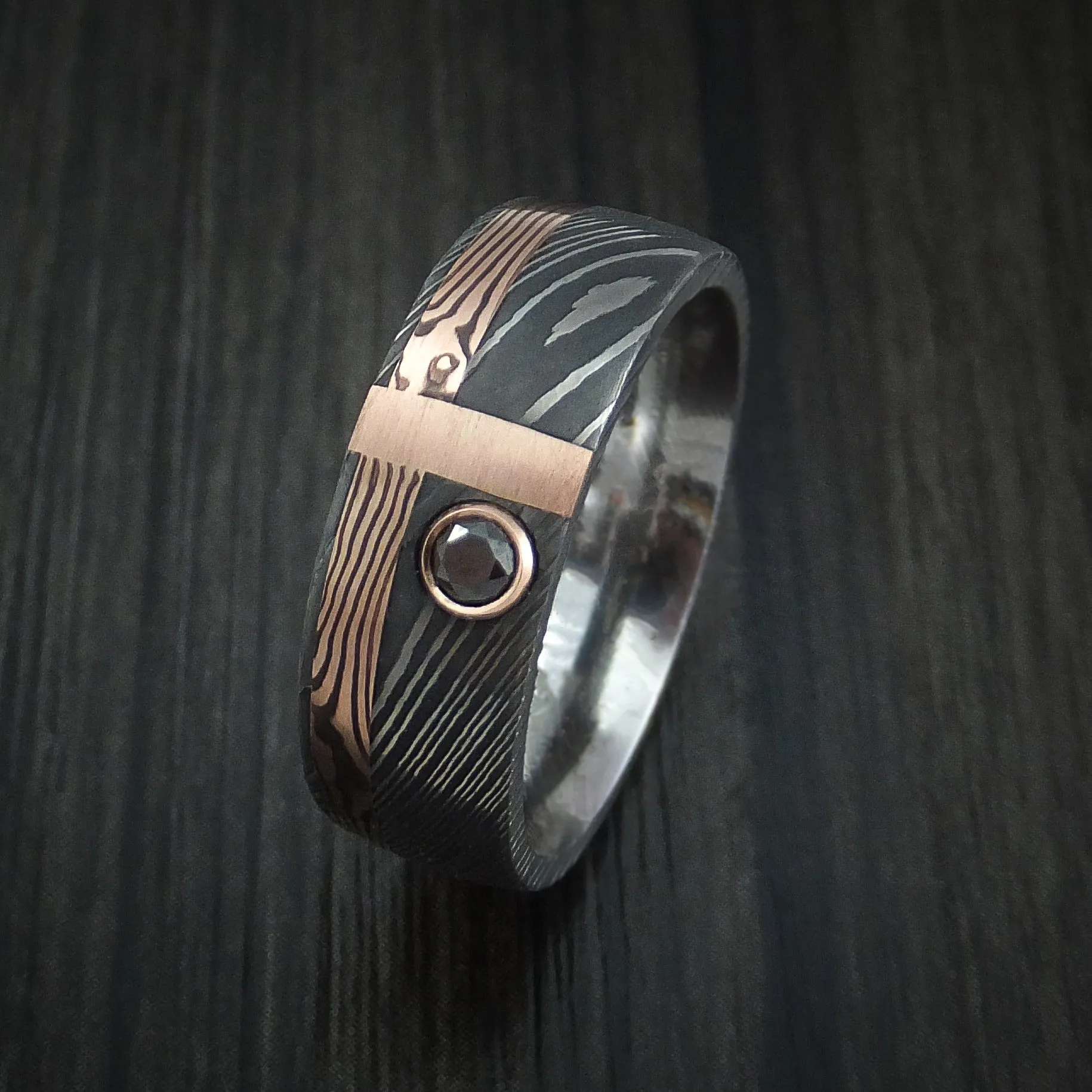 Damascus and Rose Gold Mokume Gane Shakudo and 14K Rose Gold Inlay with Black Diamond Custom Made Men's Band