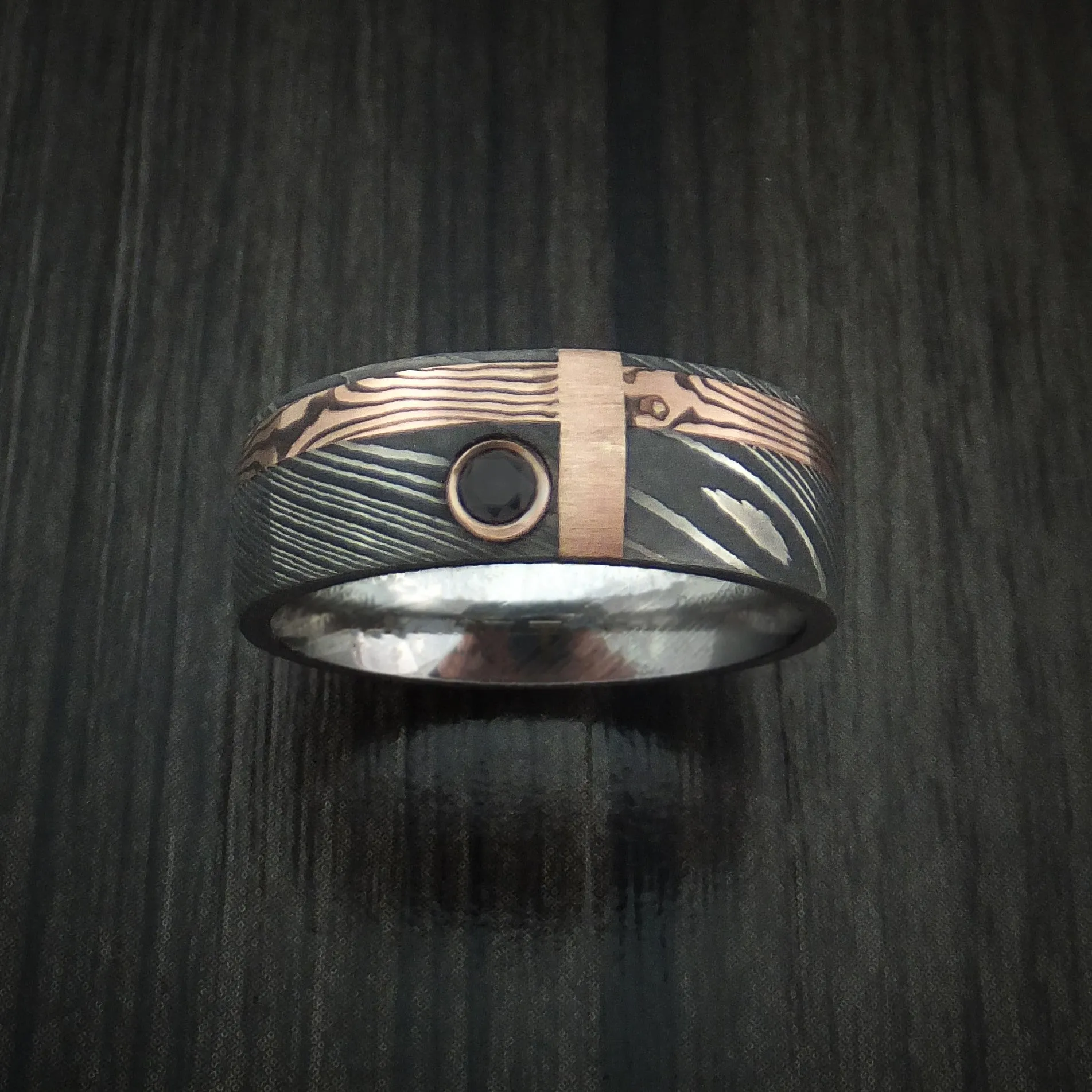 Damascus and Rose Gold Mokume Gane Shakudo and 14K Rose Gold Inlay with Black Diamond Custom Made Men's Band