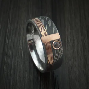 Damascus and Rose Gold Mokume Gane Shakudo and 14K Rose Gold Inlay with Black Diamond Custom Made Men's Band