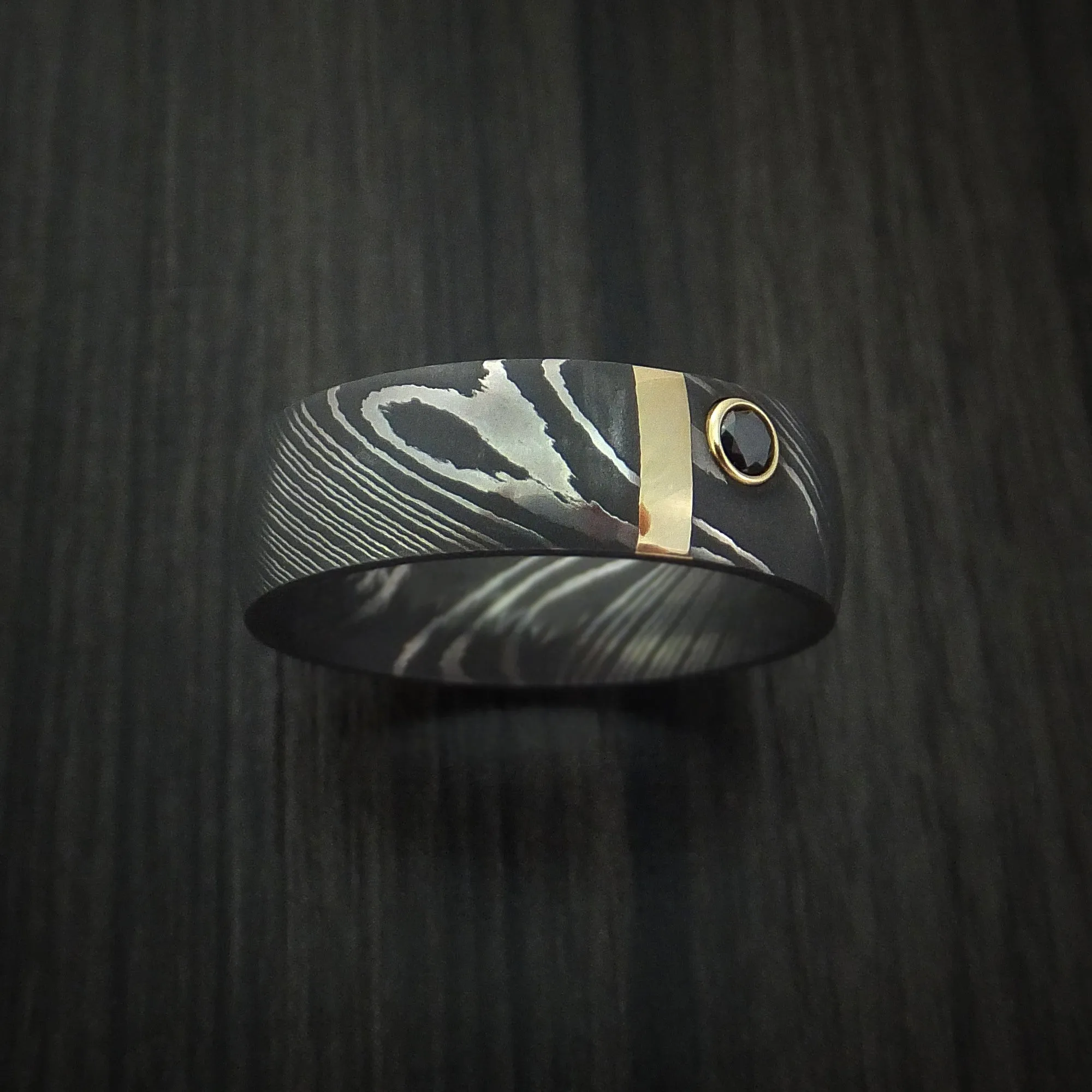 Damascus Steel with 14K Gold and Black Diamond Custom Made Men's Band