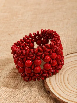 Deep Red Minimalist Wooden Bangle Beaded Bracelet Women Bracelet Stackable