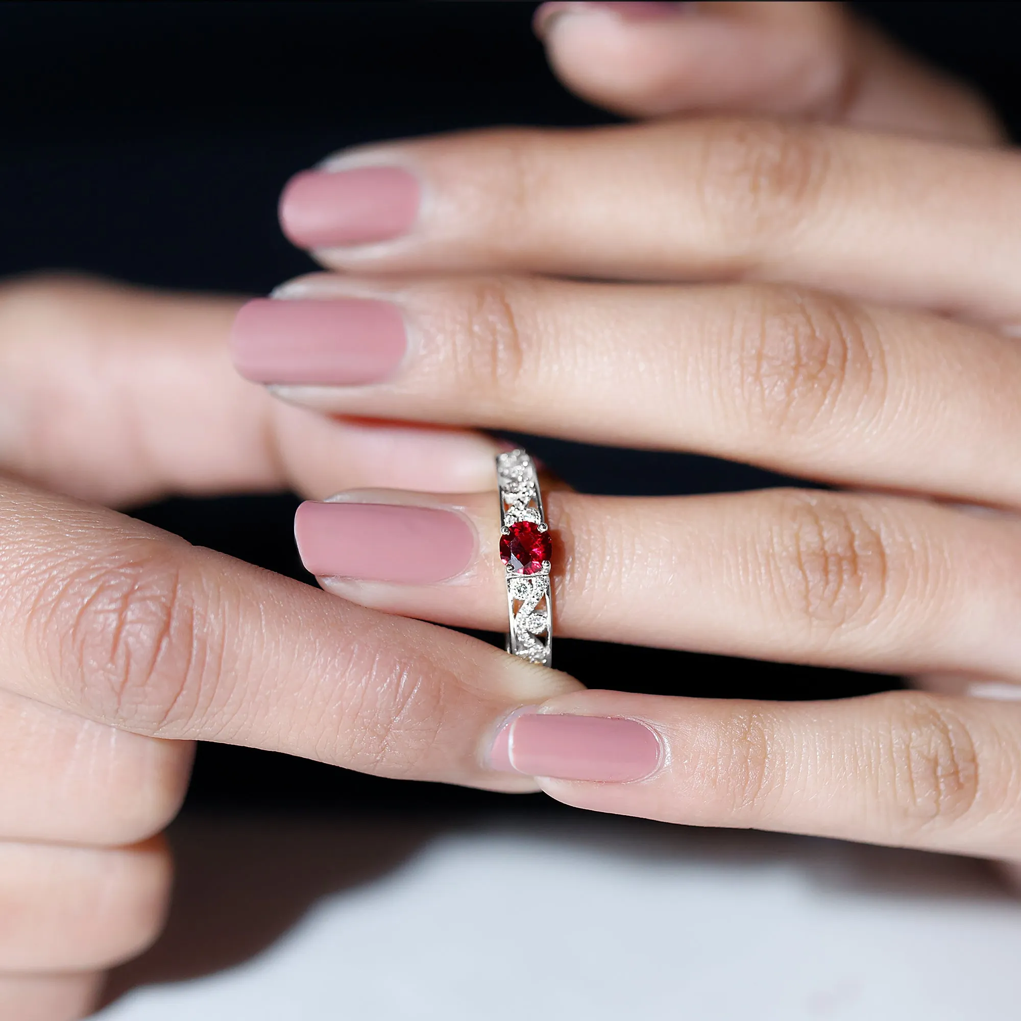 Designer Solitaire Engagement Ring with Lab Grown Ruby and Diamond