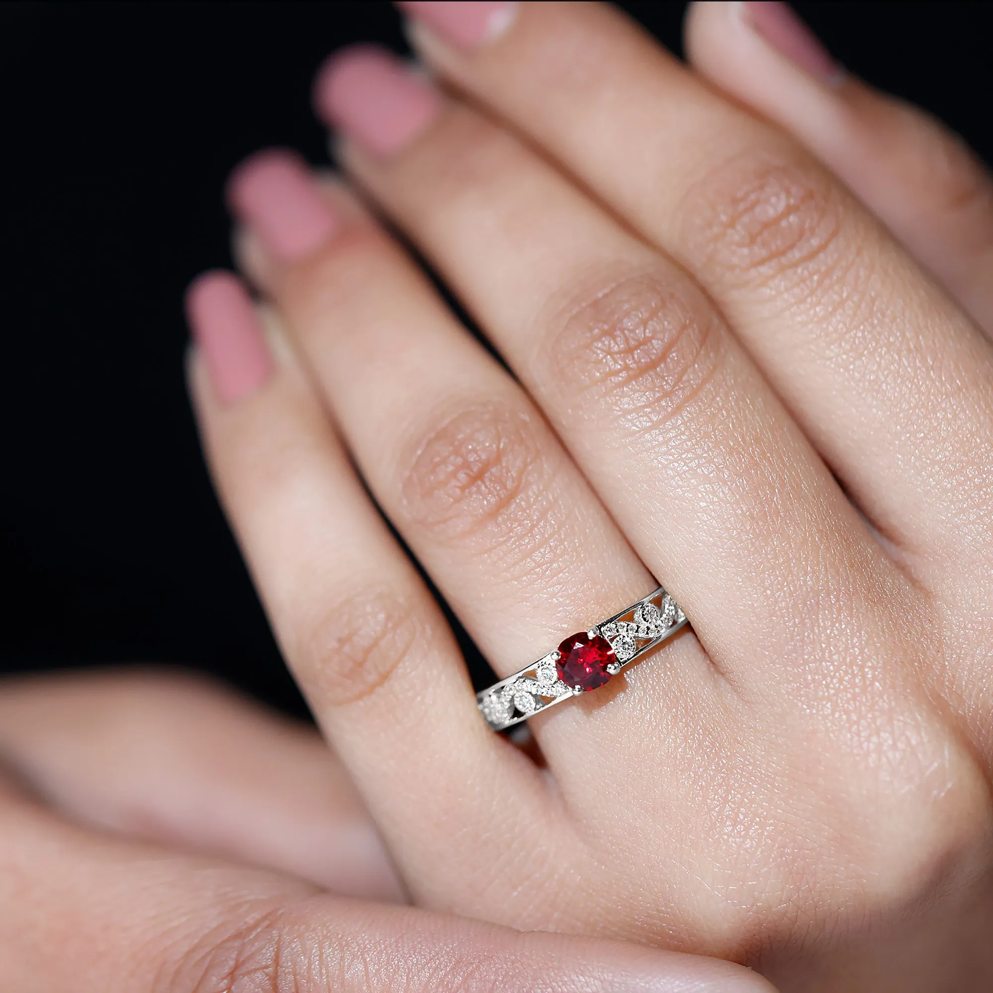 Designer Solitaire Engagement Ring with Lab Grown Ruby and Diamond