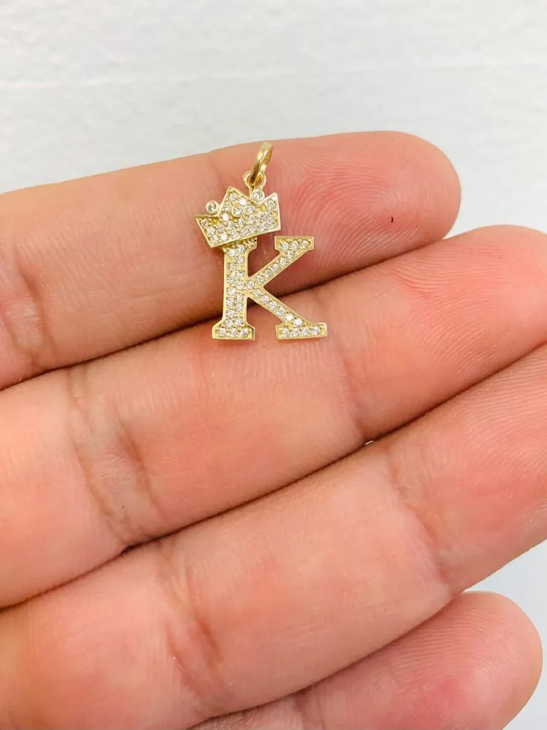 Dijes de la Inicial "K" En Oro Real Solido 14K Para Mujer y Hombre / 14K Yellow Gold CZ Initial "K" With Crown Pendant Charm for Women's Menes