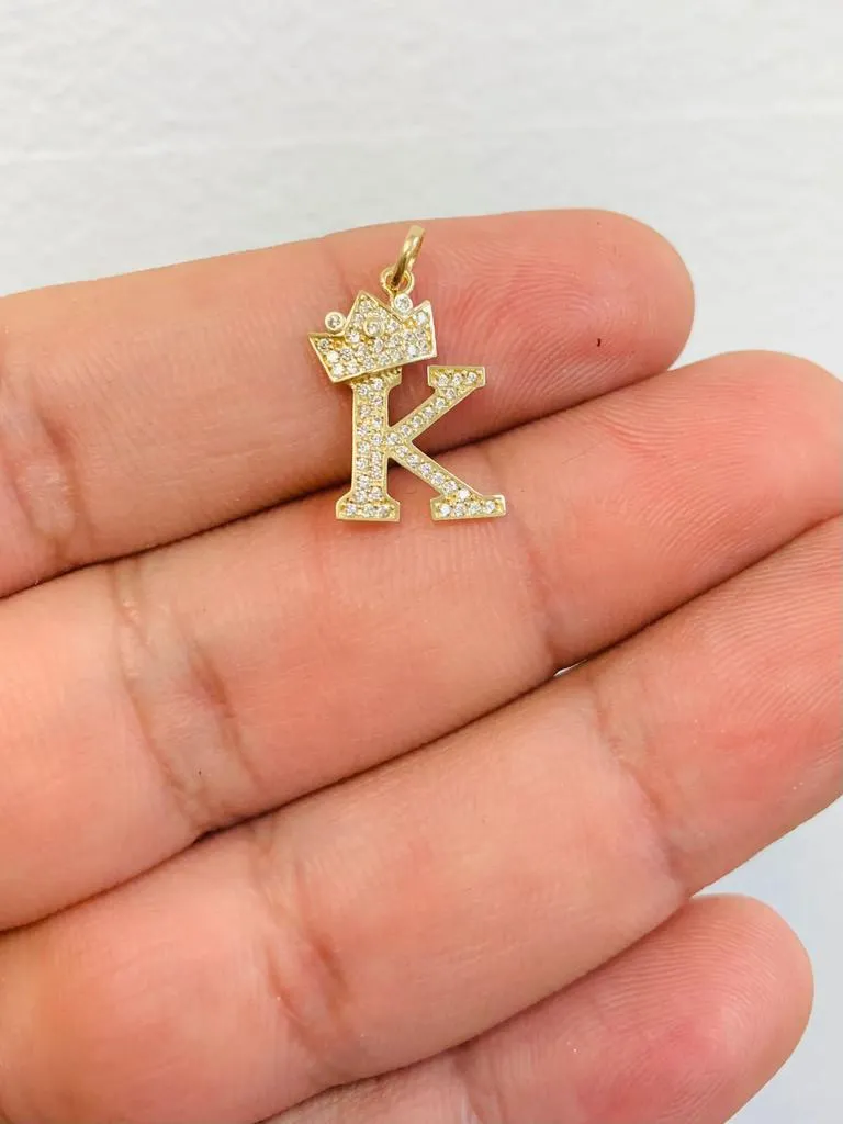 Dijes de la Inicial "K" En Oro Real Solido 14K Para Mujer y Hombre / 14K Yellow Gold CZ Initial "K" With Crown Pendant Charm for Women's Menes